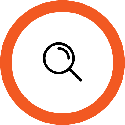 An icon showing a magnifying glass with an orange border
