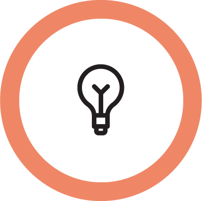 Black and white icon of a light bulb with a round frame in bright orange