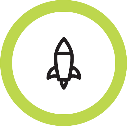 Black and white icon of a rocket with a round border in light green.
