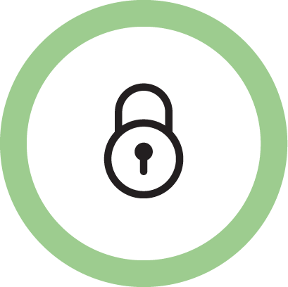 Black and white icon of a padlock with a round border in pastel green
