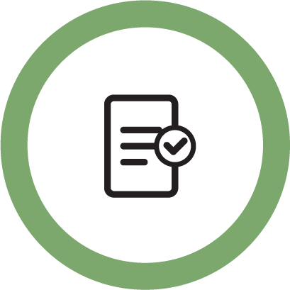 Black and white icon of a checklist with a round border in green