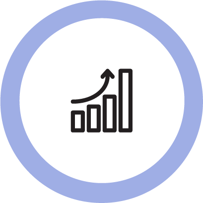 Black and white icon of a bar chart with a round border in pastel blue