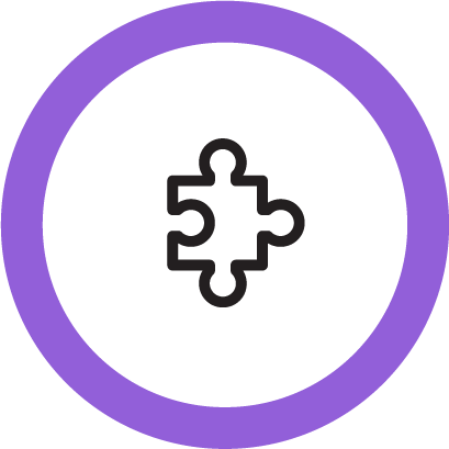 Black and white icon of a puzzle piece with a round border in bright purple