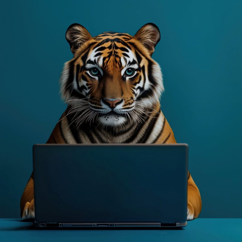 An AI-generated tiger sits at a desk in front of a laptop